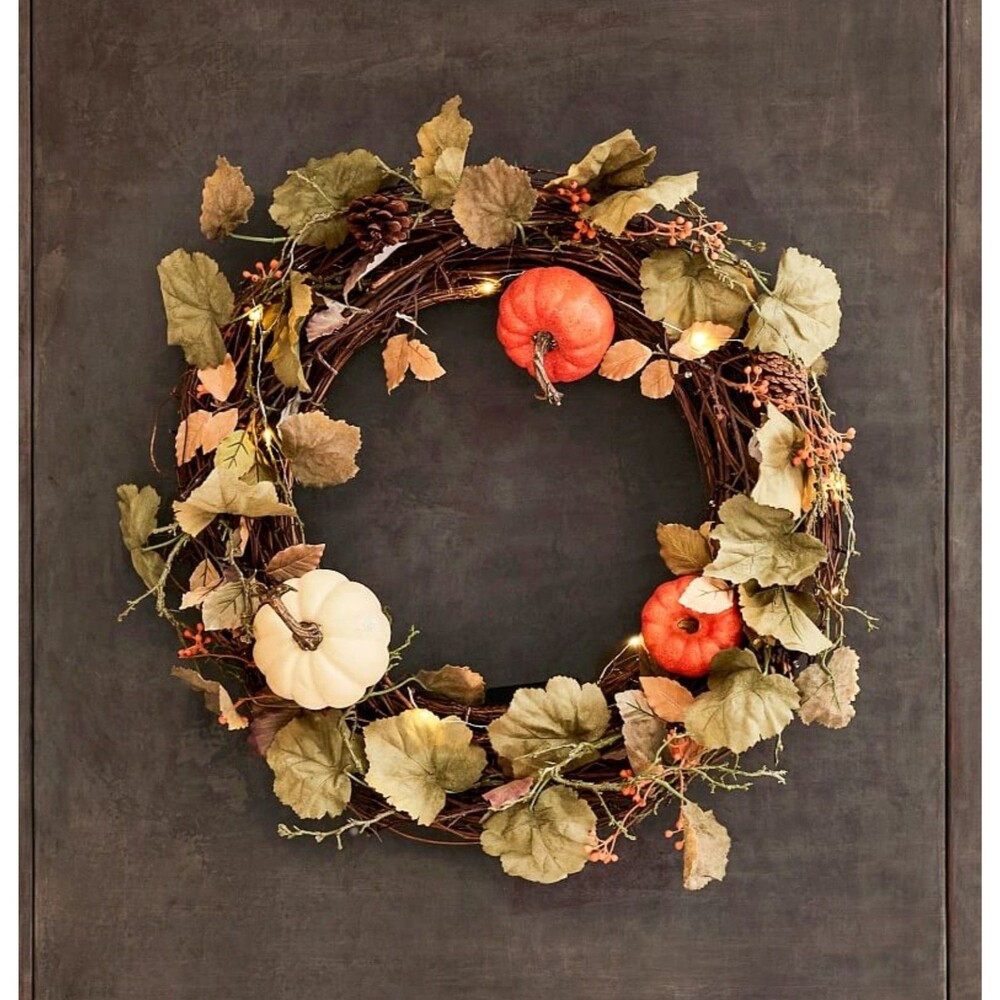 Pottery Barn Pre-Lit Faux Natural Pumpkin Wreath 23 inch